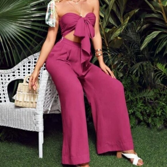 Boho Tie Front Tube Top & Pleated Wide Leg Pants Set pink violet - Picture 1 of 5